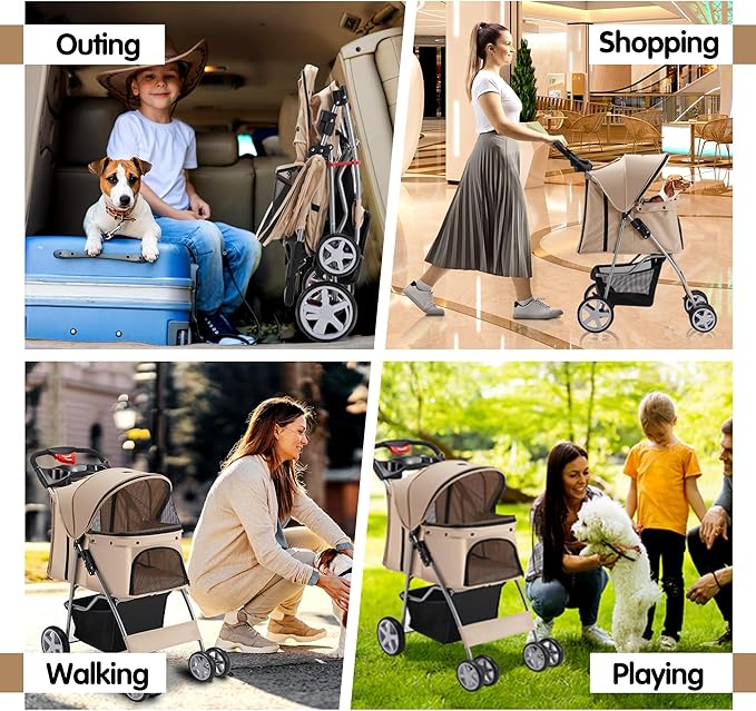 Pet Stroller 4 Wheels Dog Cat Stroller for Medium Small Dogs Cats, Folding Cat Jogger Stroller with Storage Basket & Breathable Mesh, Easy to Walk Travel Carrier, Khaki