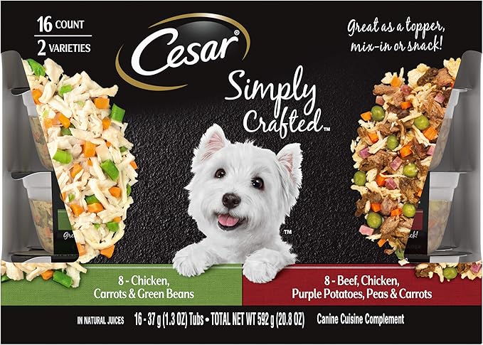 CESAR SIMPLY CRAFTED Adult Wet Dog Food Meal Topper, Chicken, Carrots & Green Beans and Beef, Chicken, Purple Potatoes, Peas & Carrots Variety Pack, 1.3 oz., Pack of 16