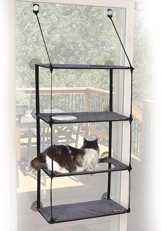 K&H Pet Products EZ Mount Window Sill Cat Bed, Cat Window Hammock, Sturdy Cat Window Perch for Large Cats, Cat Window Bed Cat Furniture, Cat Hammock for Window Cat Perch Cat Shelf - Quad Stack Gray