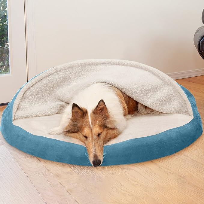Furhaven 44" Round Orthopedic Dog Bed for Large Dogs w/ Removable Washable Cover, For Dogs Up to 80 lbs - Sherpa & Suede Snuggery - Blue, 44-inch