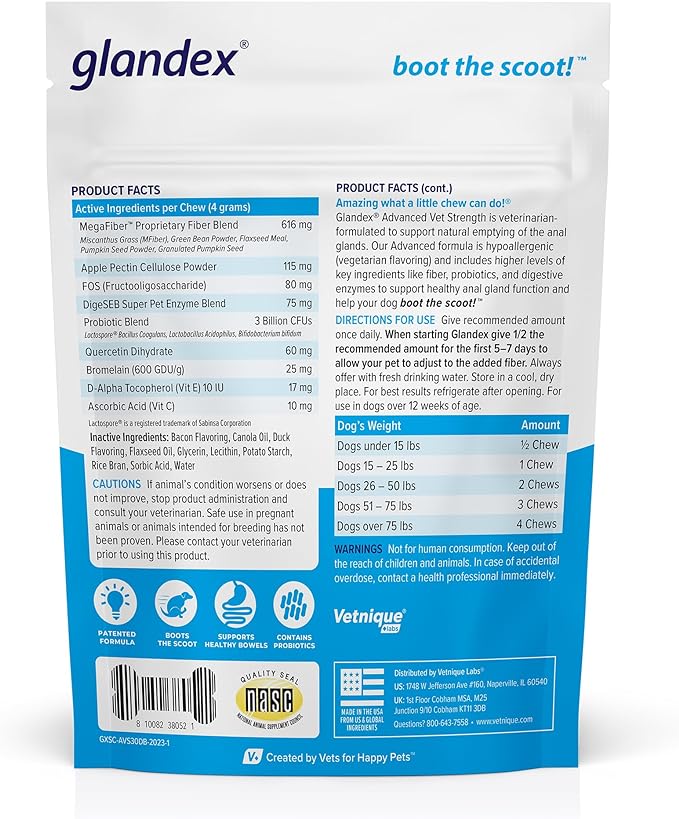 Glandex Anal Gland Soft Chew Treats with Pumpkin for Dogs Digestive Enzymes, Probiotics Fiber Supplement for Dogs Boot The Scoot (Advanced Strength Duck/Bacon Chews (Vegetarian), 30ct)