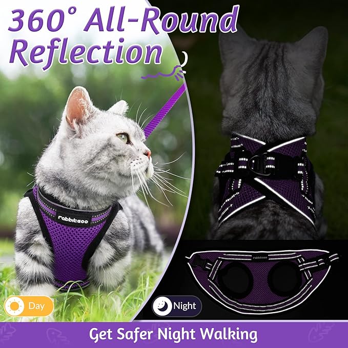 rabbitgoo Cat Harness and Leash Set for Walking Escape Proof, Adjustable Soft Kittens Vest with Reflective Strip for Cats, Comfortable Outdoor Vest, Purple, L