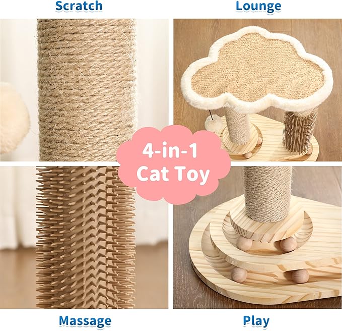 Made4Pets Cat Scratching Post, Cat Self Groomer for Indoor Cats, Cloud Soft Perch for Rest, 17.5" Tall Natural Sisal Scratcher Cat Grooming Interactive Ball Track Toys