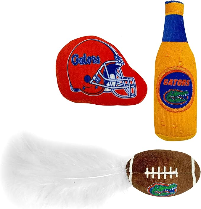 BEST PLUSH CAT TOY - NCAA FLORIDA GATORS Complete Set of 3 piece Cat Toys filled with Fresh Catnip. Includes: 1 Helmet Cat Toy, 1 Football Cat Toy with Feathers & 1 Beer Bottle. Beautiful Team LOGOS