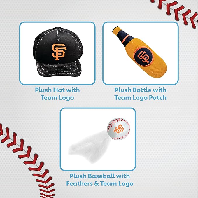 BEST PLUSH CAT TOY - MLB SAN FRANCISCO GIANTS Complete Set of 3 piece Cat Toys filled with Fresh Catnip. Includes: 1 Baseball Cap Cat Toy, 1 Baseball Cat Toy with Feathers & 1 Beer Bottle. Team LOGO