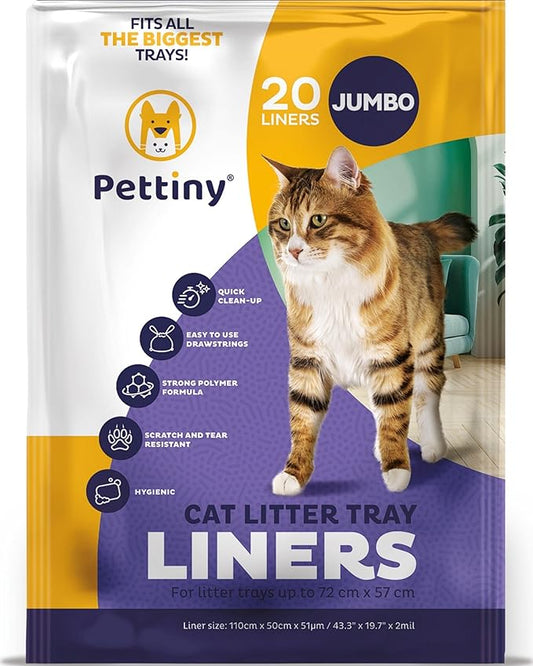 Jumbo Cat Litter Box Liners with Drawstrings - 43" x 19" Scratch Resistant Cat Litter Bags for Jumbo Litter Trays - Kitty Litter Bags and Cat Box Liners - Easy to Use Cat Litter Liners - 20 Count