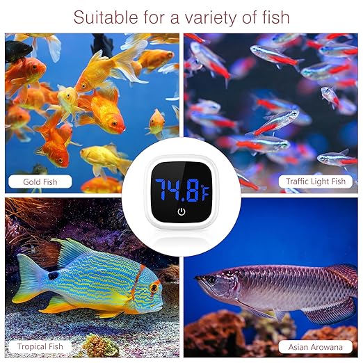 Digital Aquarium Thermometer, LED Fish Tank Thermometer, Stick-on Reptile Thermometer with Touch Screen, Large Numbers, Battery, for Fish, Axolotl, Turtle, Aquatic