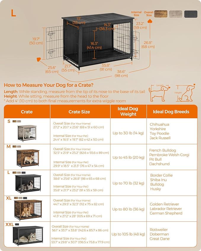 Feandrea Dog Crate Furniture, Side End Table, Modern Kennel for Dogs Indoor up to 70 lb, Heavy-Duty Dog Cage with Multi-Purpose Removable Tray, Double-Door Dog House, Ink Black UPFC003B01