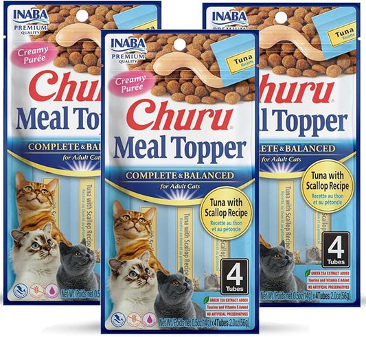 INABA Churu Meal Topper for Cats, Complete & Balanced, Creamy, Lickable Purée Cat Food Topper, 0.5 Ounce Tube, 12 Tubes (4 per Pack), Tuna with Scallop Recipe