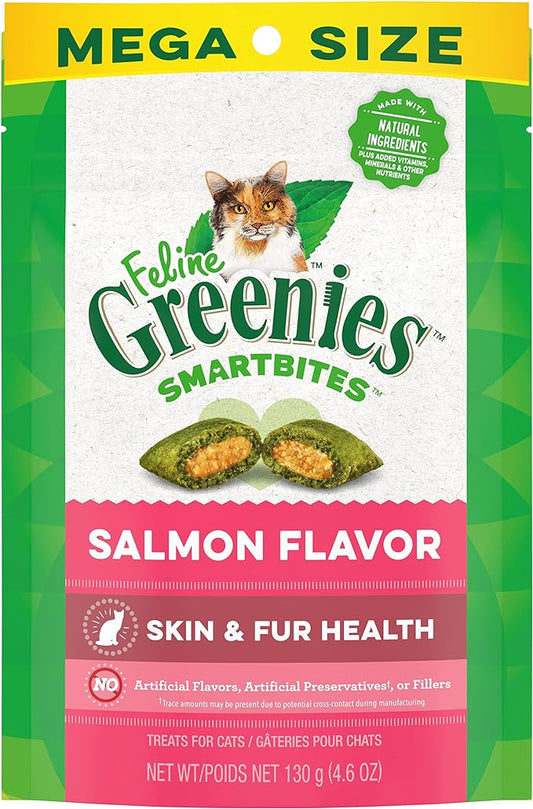 Greenies Feline Smartbites Skin & Fur Crunchy and Soft Natural Cat Treats, Salmon Flavor, 4.6 oz. Pack