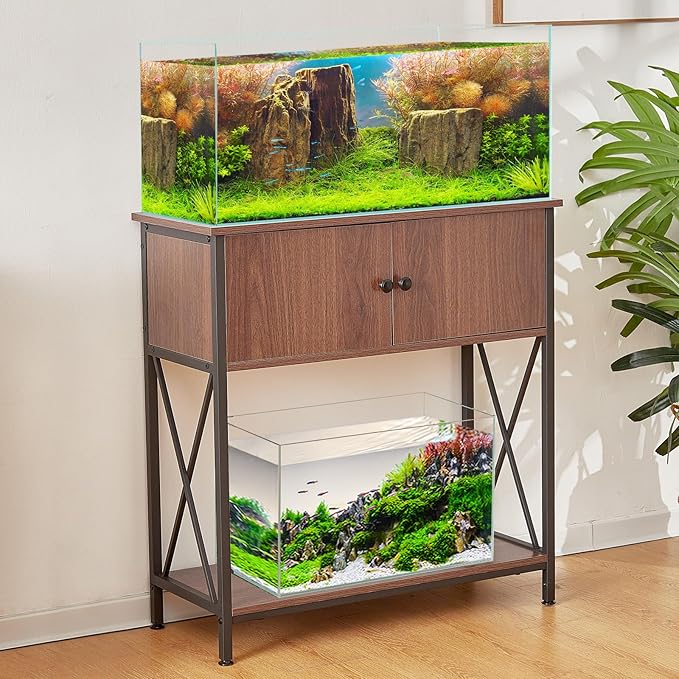 20-29 Gallon Aquarium Stand with Cabinet, 20 Gallon Long Fish Tank Stand with 31''L * 12''W Tabletop, Double Heavy Metal Stand with Stable Structure, Adjustable Table Feet - Walnut Brown