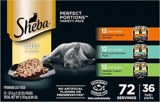 Sheba Perfect PORTIONS Cuts in Gravy Wet Cat Food Trays (36 Count, 72 Servings), Roasted Chicken, Signature Tuna and Tender Turkey Entrée, Easy Peel Twin-Pack Trays