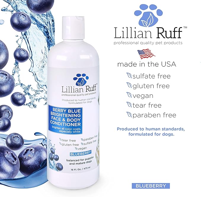 Lillian Ruff Berry Blue Brightening Face and Body Wash for Dogs - Blueberry Shampoo - Remove Tear Stains, Hydrate Dry Itchy Skin, Add Shine & Luster to Coats (Berry Blue Shampoo & Conditioner Set)