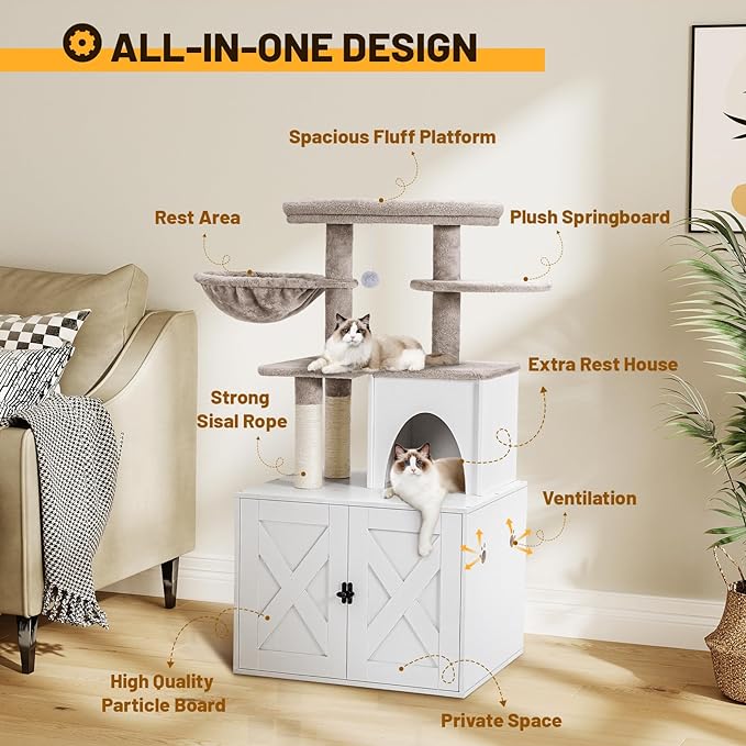 Snughome Cat Litter Box Enclosure with Cat Tree Tower and Condo, Hidden Cat Washroom Furniture with Sisal Scratching Post and Soft Plush Perch, Wooden Cat Furniture with Multiple Platforms, White