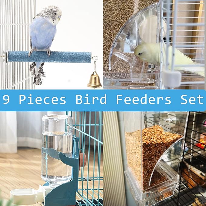 No Mess Bird Feeder Water Dispenser Set of 9 Automatic Parrot Feeder Drinker Acrylic Adjustable Parakeet Seed Food Container Cage Accessories for Lovebirds Finches Budgies Canaries