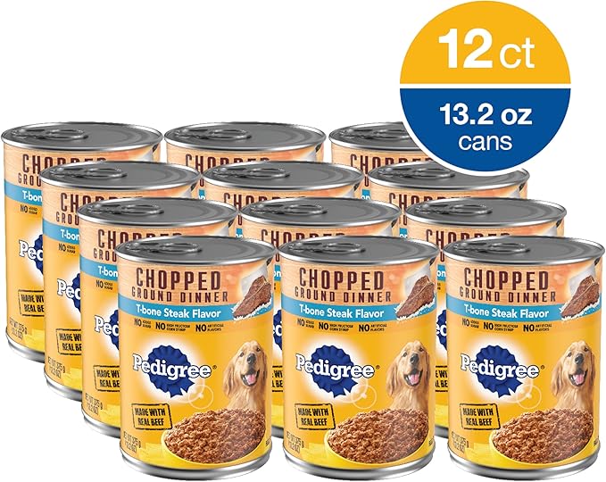 PEDIGREE CHOPPED GROUND DINNER Adult Canned Soft Wet Dog Food, T-Bone Steak Flavor, 13.2 oz. Cans (Pack of 12)