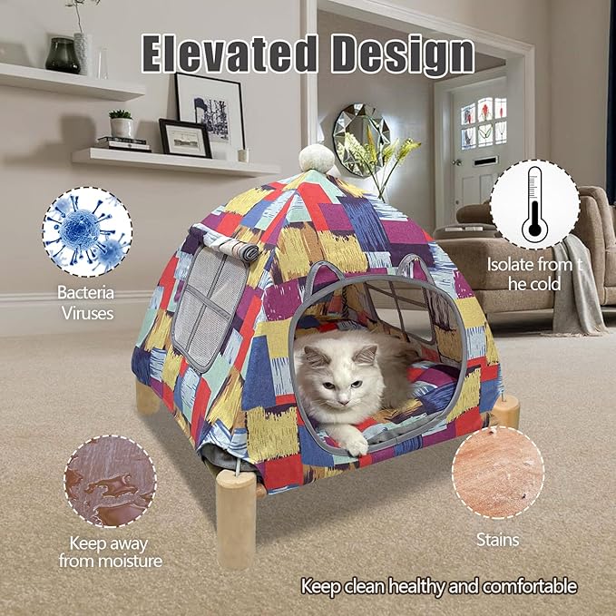 Pozico 2 in 1 Cat Bed Tent Wooden Frame Cat Teepee Cat Hammock, Quick Assembly and Disassembly, Portable Indoor/Outdoor Pet Dog Tent House for Cats Puppies Small Animals:Colorful Blocks Tent