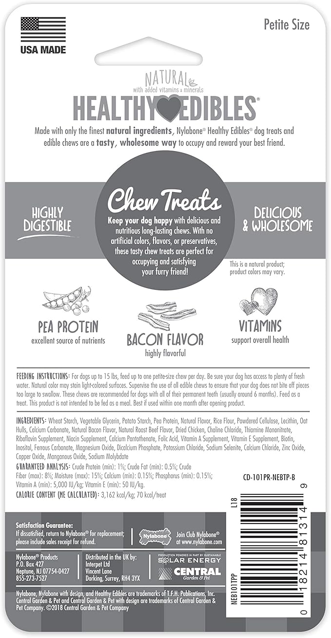 Nylabone Healthy Edibles Natural Dog Chews Long Lasting Bacon Flavor Treats for Dogs, X-Small/Petite (2 Count)