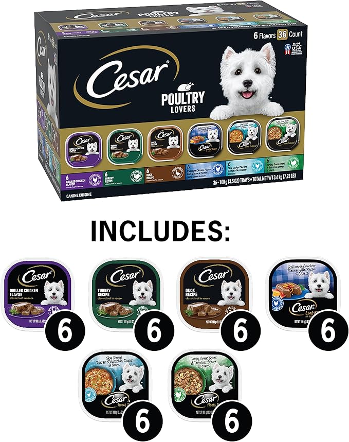 CESAR Adult Wet Dog Food Classic Loaf in Sauce Poultry Lovers Variety Pack, 3.5 oz. Easy Peel Trays with Real Chicken, Turkey or Duck, Pack of 36