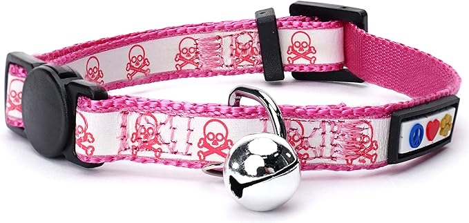 Pawtitas Halloween Cat collars for cats adjustable collar glow in The dark feature and Safety breakaway Buckle and Removable Bell to match your halloween cat's costume - Pink Skulls Pattern