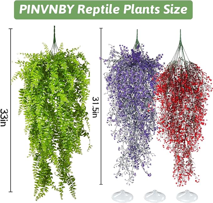 PINVNBY 3 Pack Reptile Plants Terrarium Hanging Fake Vines with Suction Cup Artificial Leaves for Bearded Dragons Lizards Geckos Snake Hermit Crab (Green, Purple and Red)