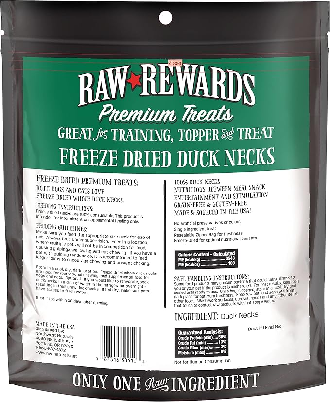 Northwest Naturals Raw Rewards Freeze-Dried Duck Neck Treats for Dogs and Cats - Bite-Sized Pieces - Healthy, 1 Ingredient, Human Grade Pet Food, All Natural - 5 Oz (Pack of 3) (Packaging May Vary)