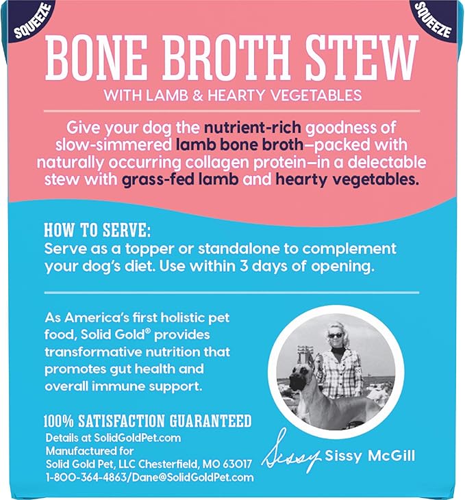 Solid Gold Bone Broth Stew - Dog Food Topper & Dog Treat Rich in Natural Collagen for Gut Health - Grain Free Formula Packed with Protein & Hearty Vegetables - Great for Picky Eaters - 6 Pack