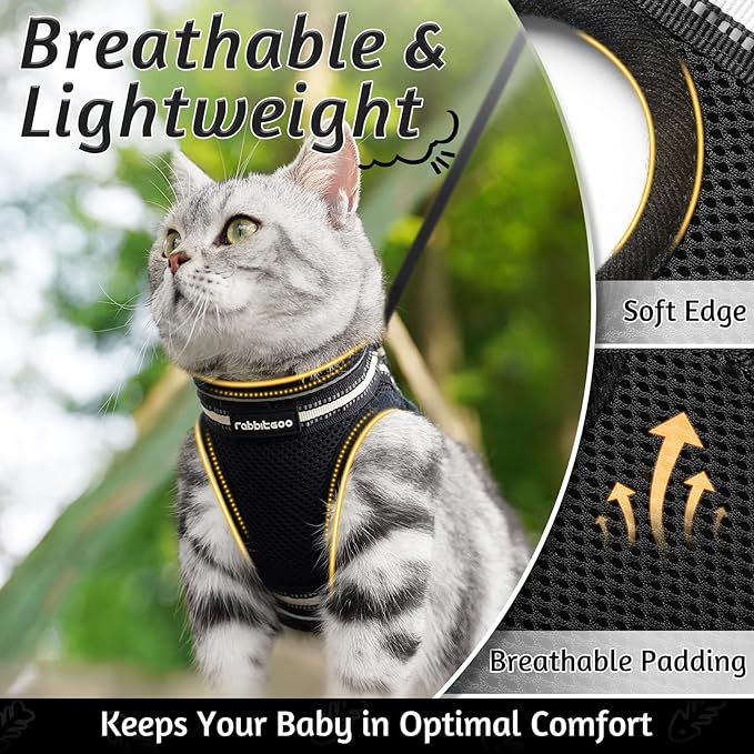 rabbitgoo Cat Harness and Leash Set for Walking Escape Proof, Adjustable Soft Kittens Vest with Reflective Strip for Cats, Comfortable Outdoor Vest, Black, L