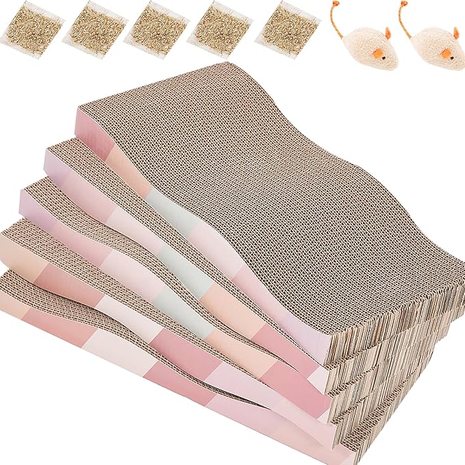 Cat Scratching Pads Cardboard Cat Scratchers for Indoor Cats Reversible Large Wide Corrugated with Catnip and Mini Toy(5pcs)