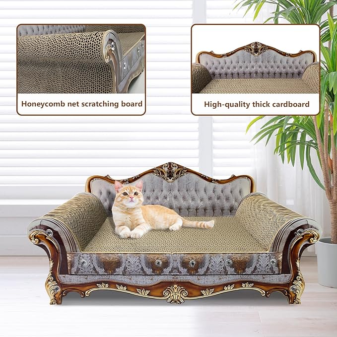 Luxury Cardboard Cat Scratcher Sofa Couch Bed, Couch Shaped Cat Scratching Board, Cat Scratch Lounge with Catnip, Cat Scratcher for Indoor Cats Grey