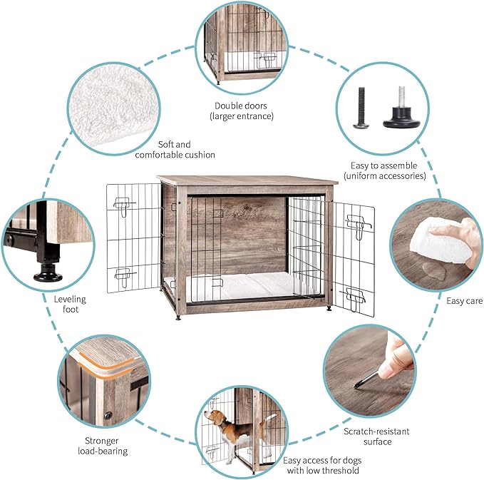 DWANTON Dog Crate Furniture with Cushion, Wooden Dog Crate with Double Doors, Dog Furniture, Indoor Dog Kennel，End Table, Medium, 32.5" L, Greige