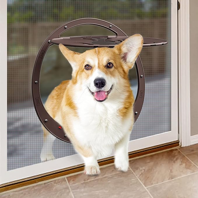 Dog Door for Screen Door, Patent Desigh Pet Screen Door with Lockable Magnetic Flap for Doggy Dog and Cat Door, Coffee