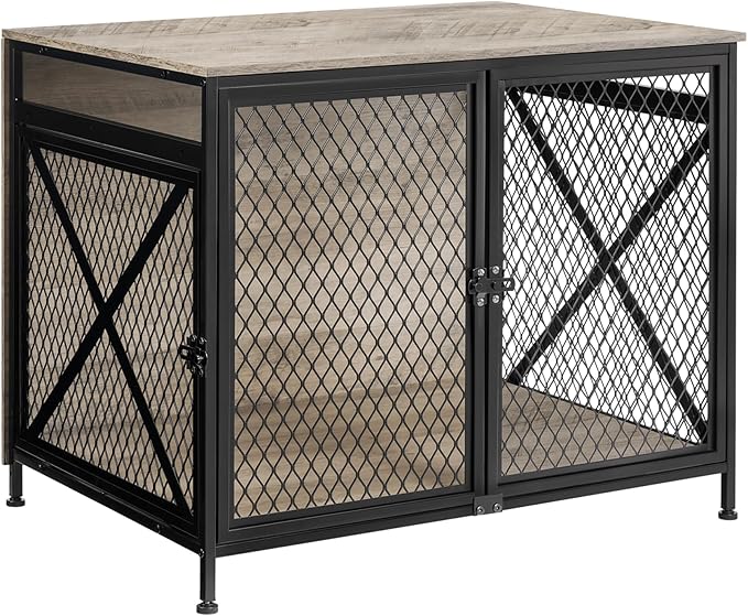 DWANTON Dog Crate Furniture, 25" L Three-Door Wooden Dog Kennel Indoor, Connectable expansion, Wooden Dog Crate Table for Small/Medium/Large Dog, Dog House, Dog Cage Large, Greige