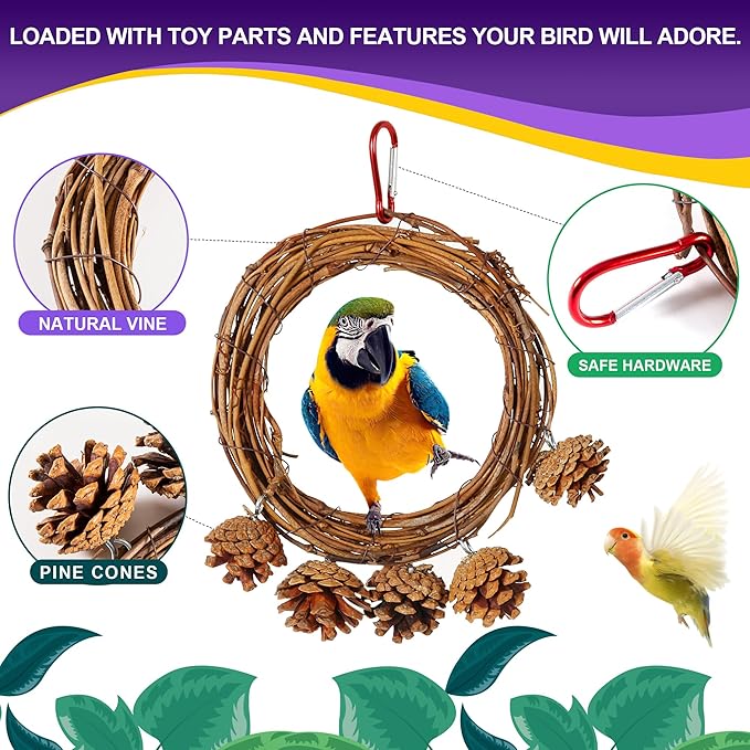 Bird Swing Parakeet Chewing Toys 6PCS - Parrot Cage Accessories Stuff, Natural Wooden Foraging Chew Toys for Budgerigars, Conure, Cockatiel, Finch, Lovebirds, Perches for Medium, Small Birds