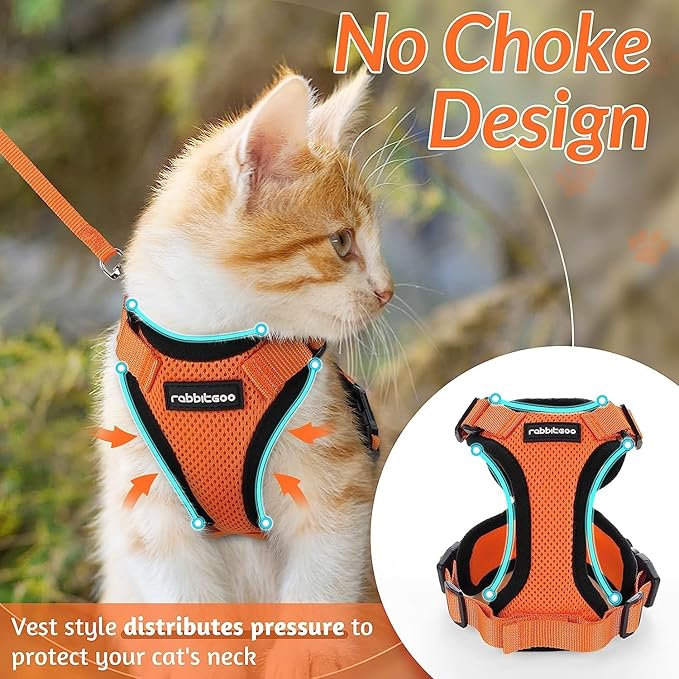 rabbitgoo Cat Harness and Leash for Walking, Escape Proof Soft Adjustable Vest Harnesses for Cats, Easy Control Breathable Reflective Strips Jacket, Orange, M