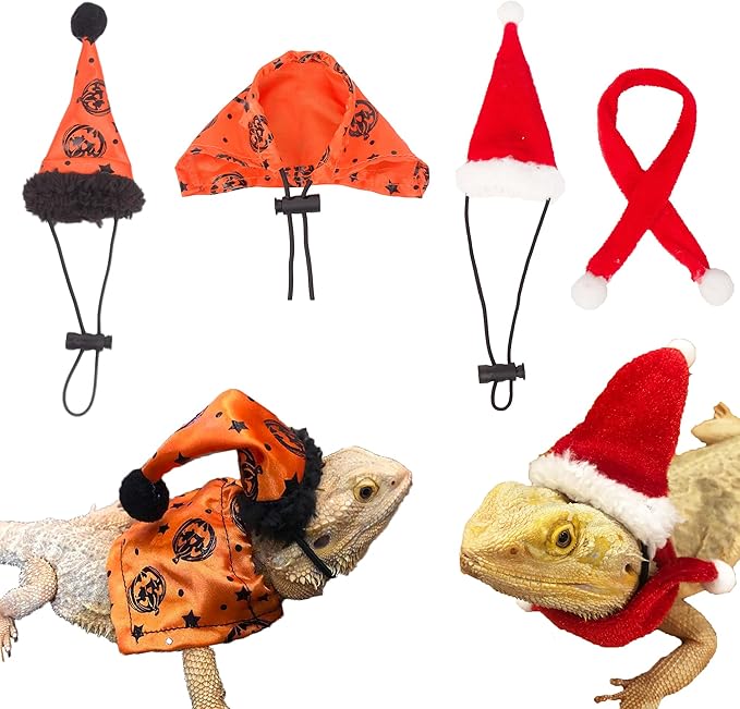 ADOGGYGO Bearded Dragon Halloween Hat Cloak Lizard Christmas Hat Scarf Set, Small Animal Halloween Christmas Festival Costume (Halloween & Xmas)