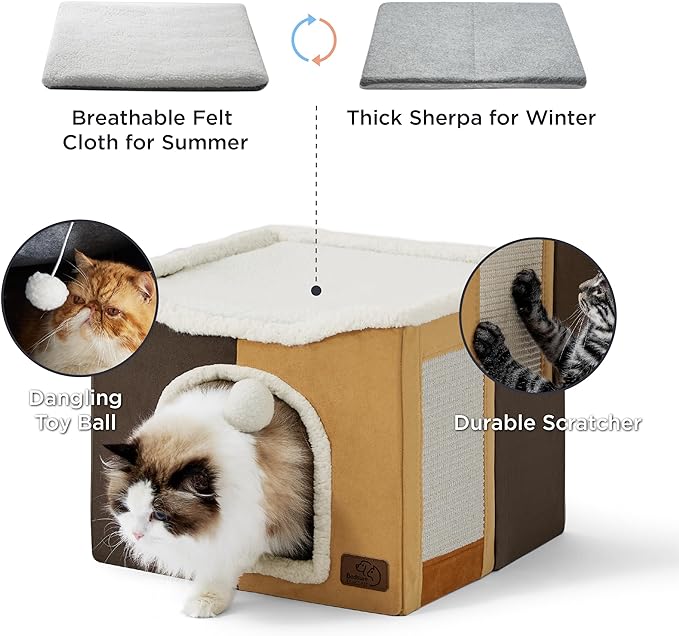 Bedsure Cat Beds for Indoor Cats - Large Cat Cave for Pet Cat House with Fluffy Ball Hanging and Scratch Pad, Foldable Cat Hideaway,16.5x16.5x13 inches, Honeycomb