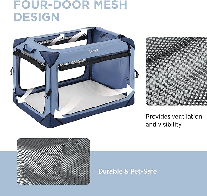 Lesure Collapsible Dog Crate - Portable Dog Travel Crate Kennel for Small Dog, 4-Door Pet Crate with Durable Mesh Windows, Indoor & Outdoor (Blue)