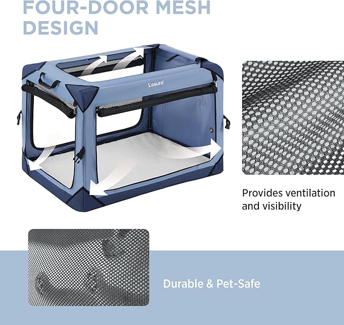 Lesure Collapsible Dog Crate - Portable Dog Travel Crate Kennel for Medium Dog, 4-Door Pet Crate with Durable Mesh Windows, Indoor & Outdoor (Blue)
