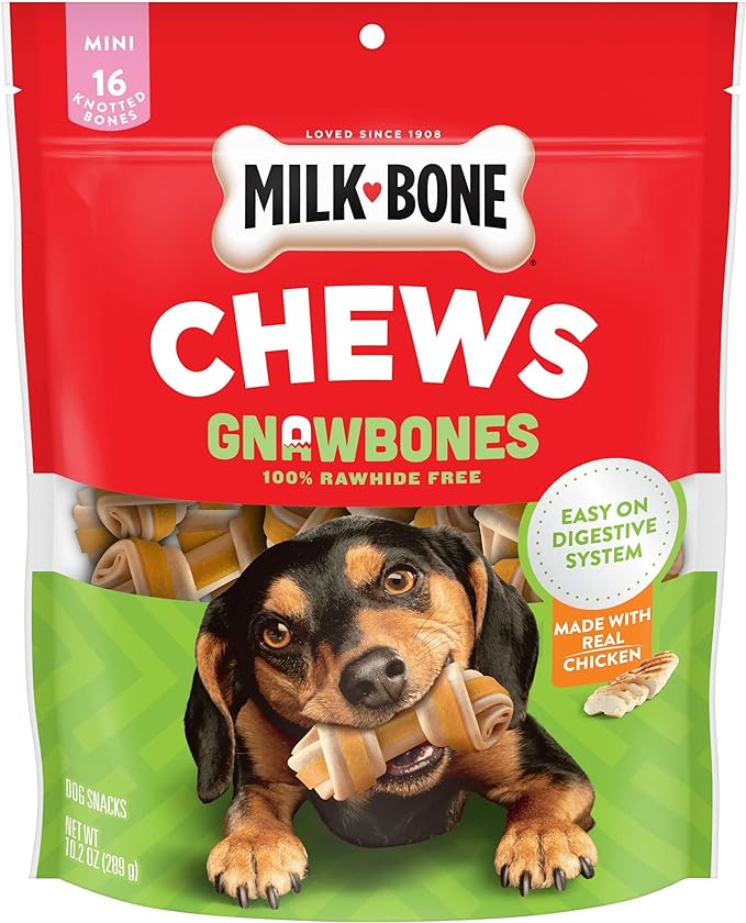 Milk-Bone Chews GnawBones Rawhide Free Dog Treats, Chicken, 16 Long Lasting Mini Knotted Bones