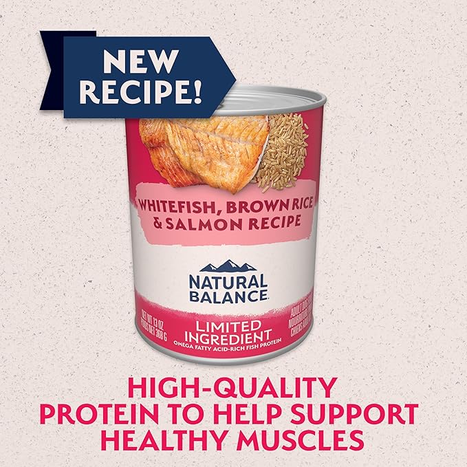 Natural Balance Limited Ingredient Adult Wet Canned Dog Food with Healthy Grains, Whitefish, Brown Rice & Salmon Recipe, 13 Ounce (Pack of 12)