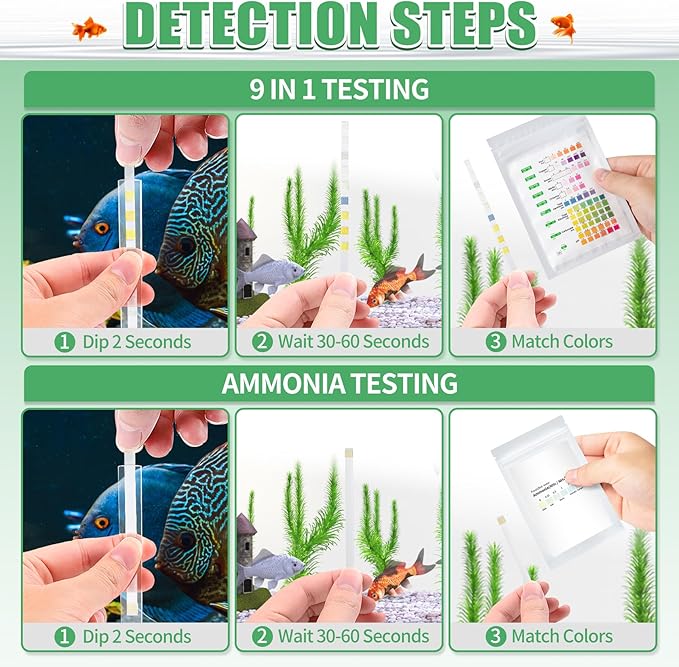 10 in 1 Aquarium Ammonia Test Kit - Ammonia Fish Tank Test Strips - 150 Aquarium Test Strips with Test Tube & Thermometer - Fast Testing Ammonia and 9 More for Aquarium/Pond/Pool