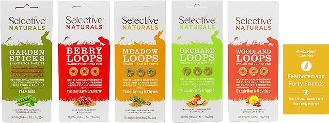 Selective Naturals Small Animal Treats - (1) Each: Orchard, Woodland, Meadow and Berry Loops, Garden Sticks (2.1-2.8 Ounces) - Plus Fun Animal Facts Booklet Bundle