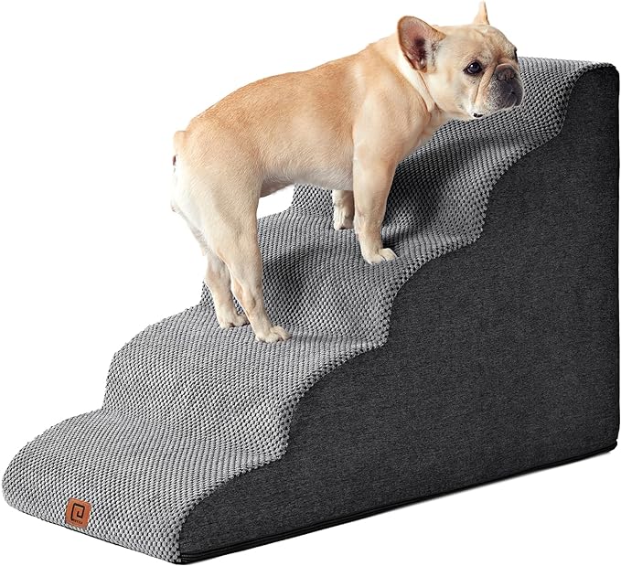 EHEYCIGA Curved Dog Stairs for High Beds 22.6" H, 5-Step Dog Steps for Small Dogs and Cats, Pet Stairs for High Bed Climbing, Non-Slip Balanced Pet Step Indoor, Grey