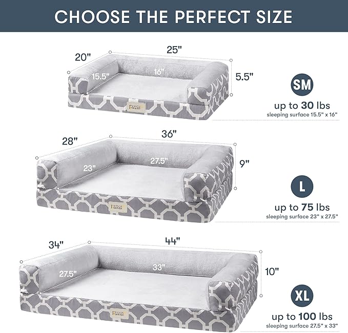 Friends Forever Harper Memory Foam Orthopedic Dog Bed, Calming Couch For Indoor Pet With Bolster, Machine Washable Extra Soft Faux Suede Removable Cover, Plush Crate Mat, 36x28x9", Grey