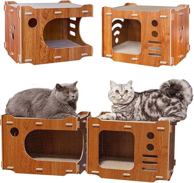 Wood Cat Scratcher House Cardboard with 2 PCS Cat Scratch Pads Cute Cat Scratchers Lounge Bed for Indoor Cats Cat Box cat Scratching House Wooden Cat Scratch House with Scratcher