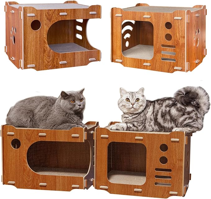 TV Wooden Cat Scratcher House Cardboard with 2 PCS Cat Scratch Pads 2 Story Cute Cat House with Scratcher Cat Scratchers Lounge Bed for Indoor Cats Play Cat Box cat Scratching House
