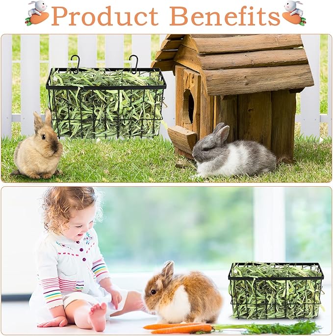 2PCS Rabbit Hay Feeder Guinea Pig Hay Feeder with Heavy Duty Metal Frame hay Rack Pet grass feeder Small animal basket with hook Metal feeding rack for rabbits Guinea pigs Chinchillas Timothy