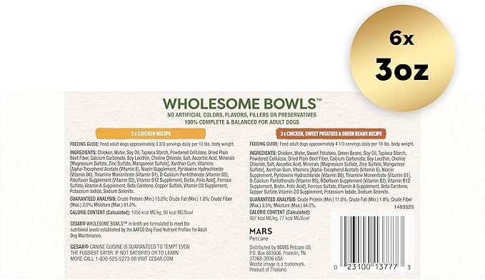 CESAR WHOLESOME BOWLS Adult Wet Dog Food, Chicken Recipe and Chicken, Sweet Potatoes & Green Beans Recipe Variety Pack, 3 oz., Pack of 6