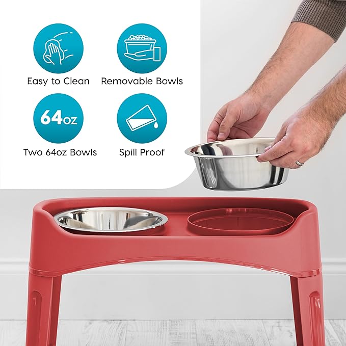 IRIS USA Elevated Dog Bowls, Adjustable Height, 2 Thick 64 oz Stainless Steel Bowls, Spill-Proof with Raised Outer Rim, Durable Made in USA Plastic, Easy Assemble, 2 Heights 4.63" or 12.25" Red